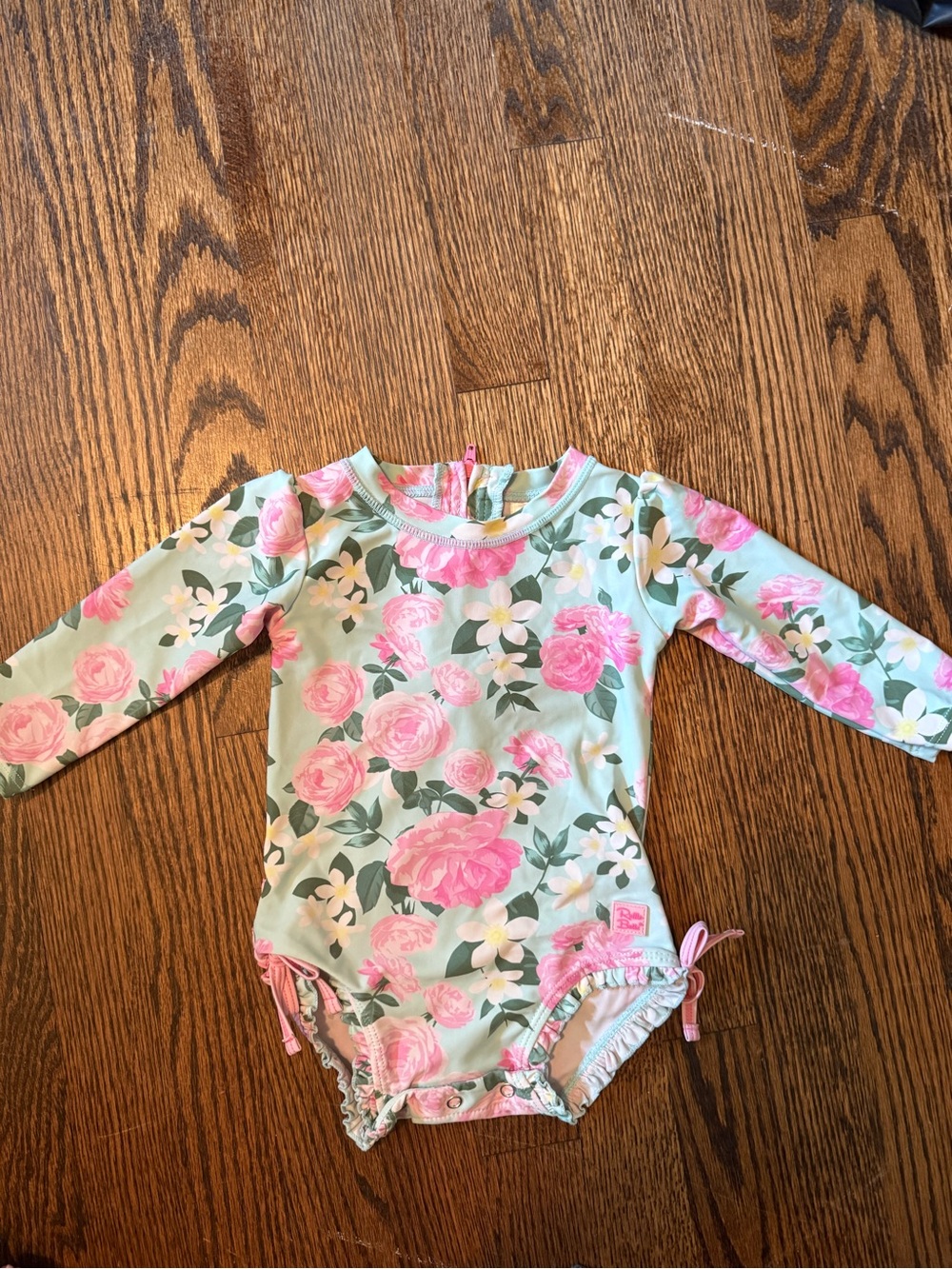 Ruffle Butts Mint Floral One-Piece Swimsuit with Pink Roses